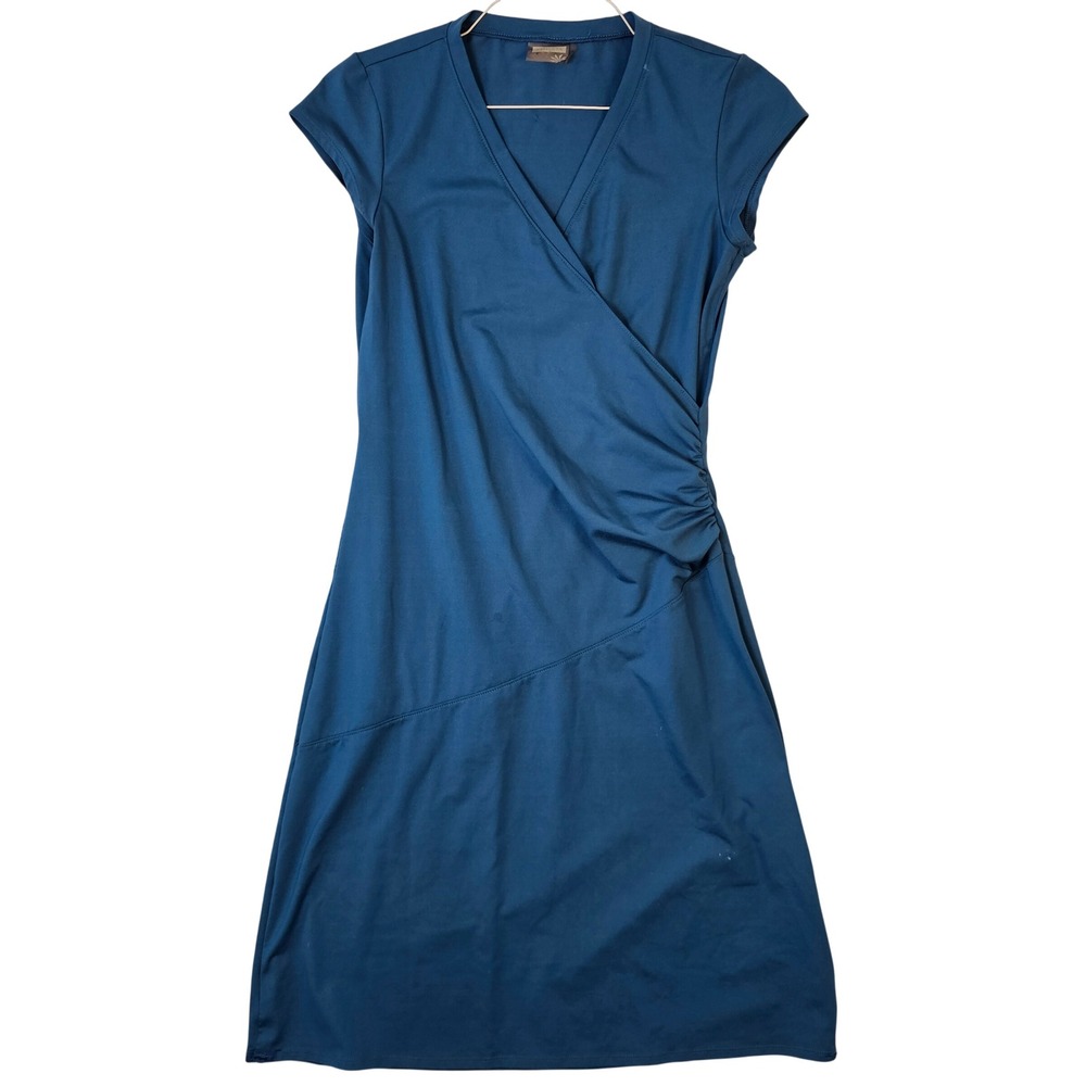 Athleta Womens Teal Blue Faux Wrap V-Neck Ruched Short Sleeve Dress Size S